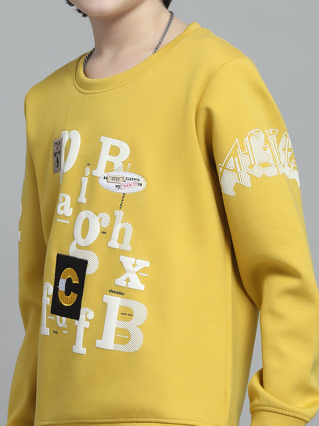 Boys Mustard Printed Round Neck Full Sleeve Sweatshirt