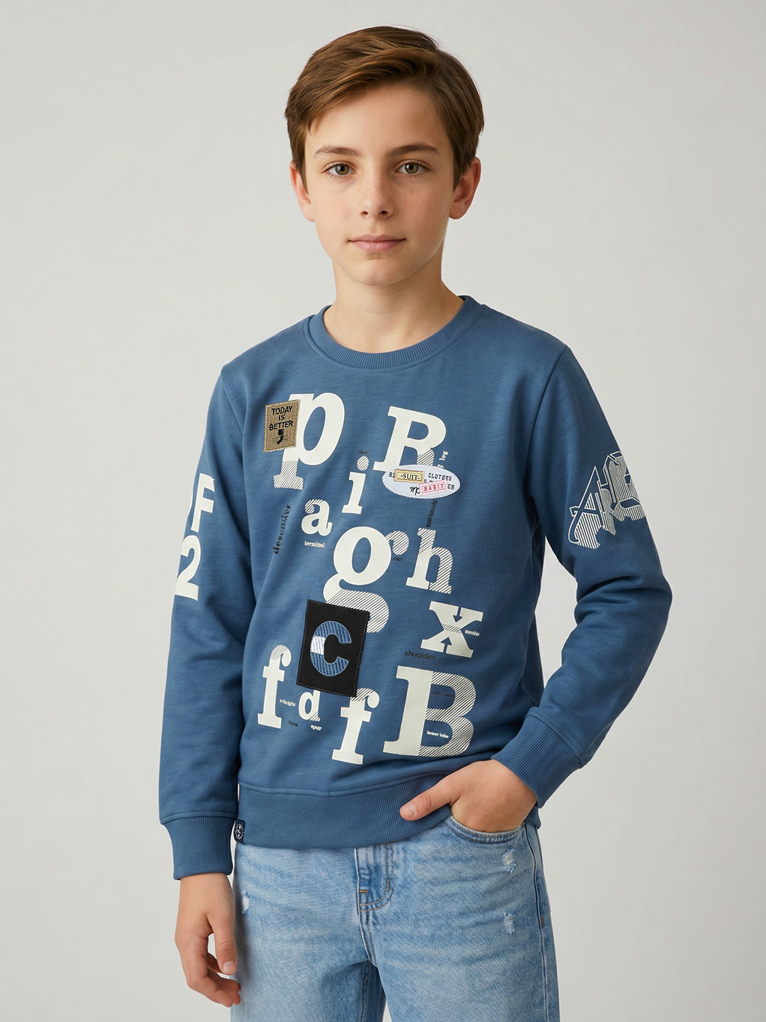 Boys Blue Printed Round Neck Full Sleeve Sweatshirt