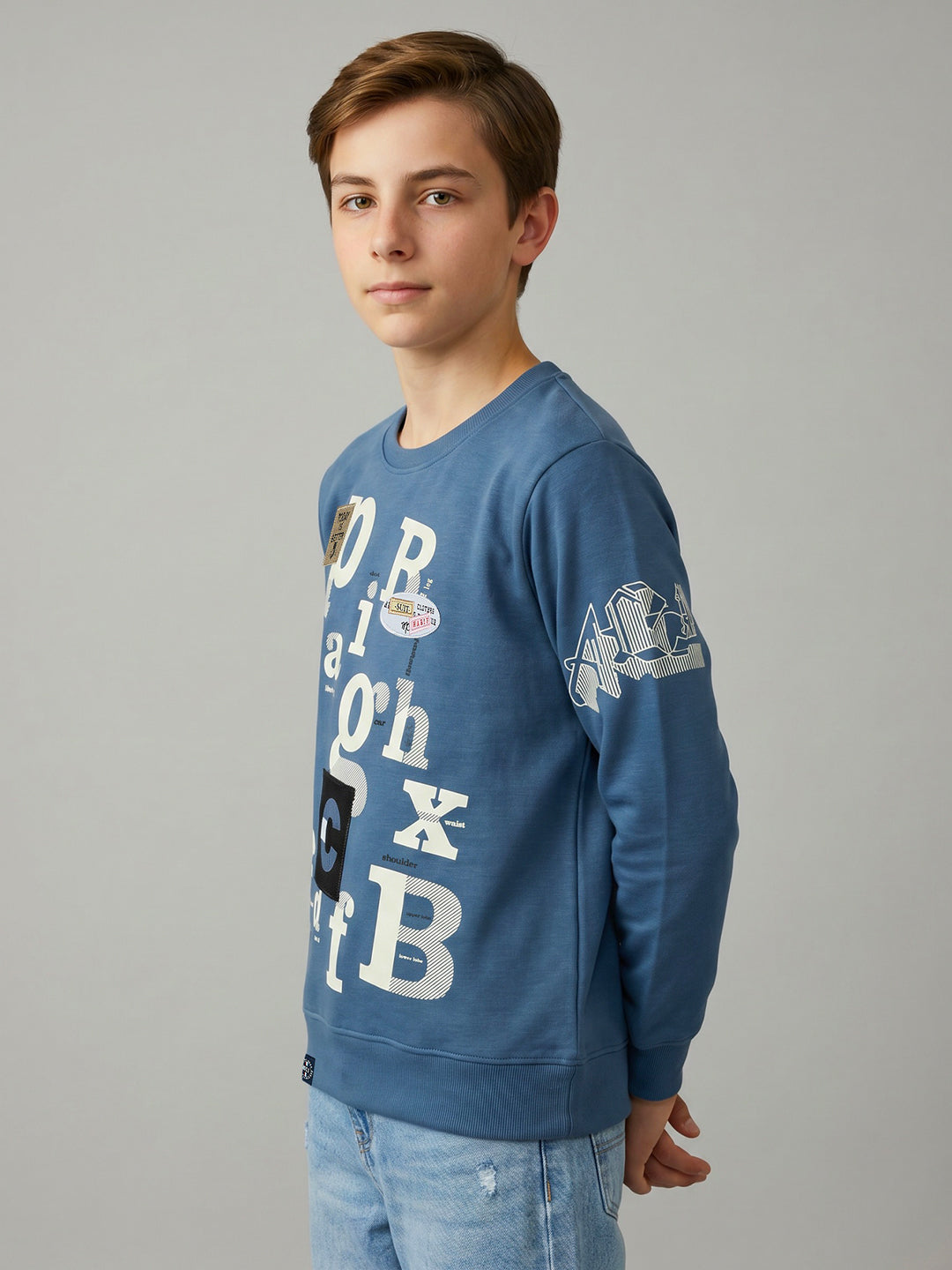 Boys Blue Printed Round Neck Full Sleeve Sweatshirt