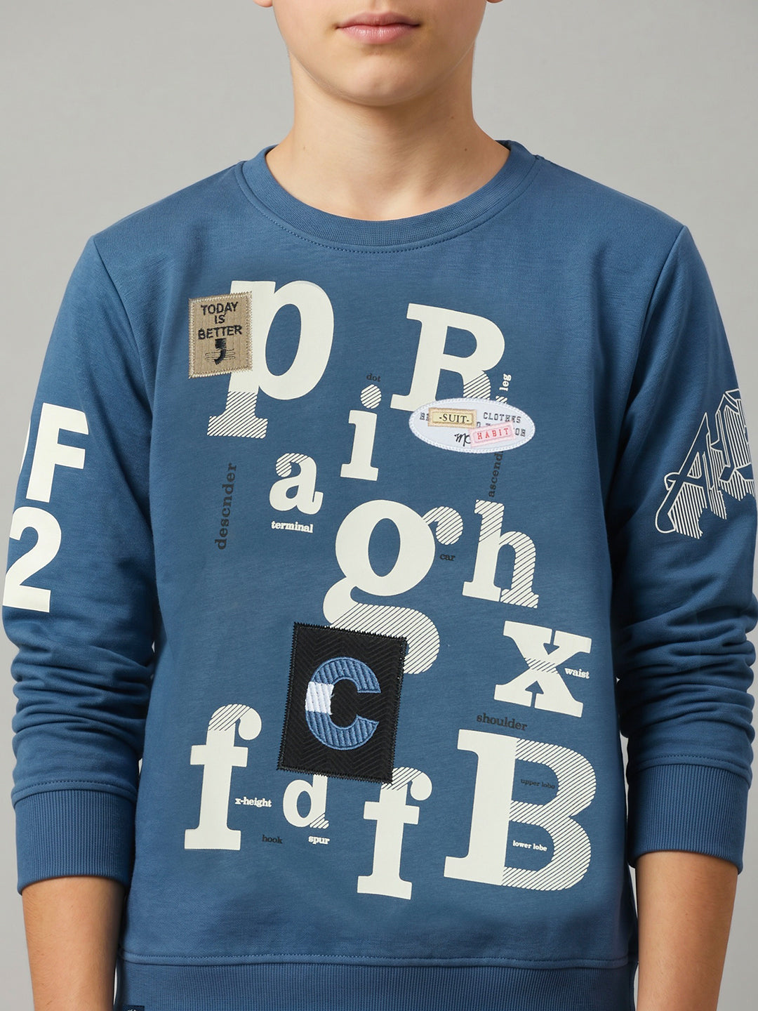 Boys Blue Printed Round Neck Full Sleeve Sweatshirt