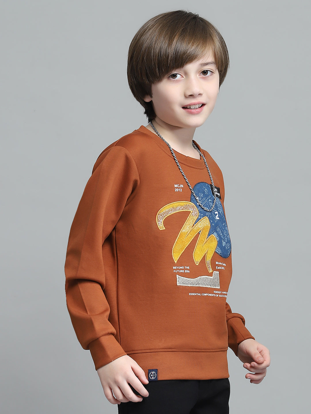 Boys Rust Printed Round Neck Full Sleeve Sweatshirt