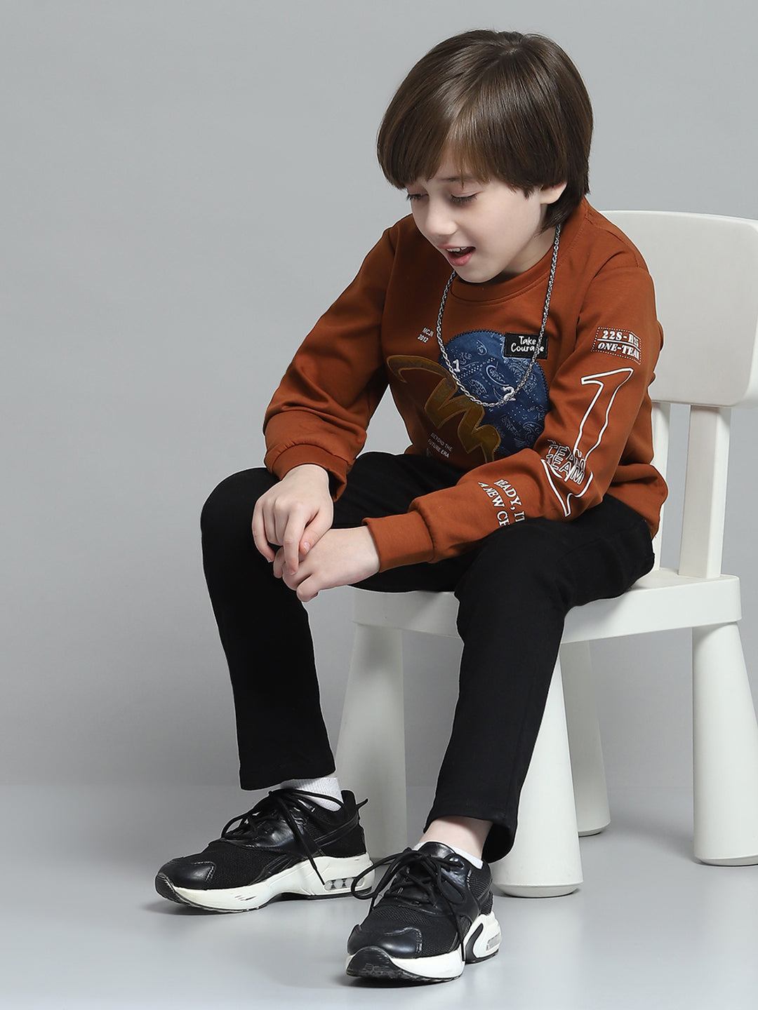 Boys Rust Printed Round Neck Full Sleeve Sweatshirt