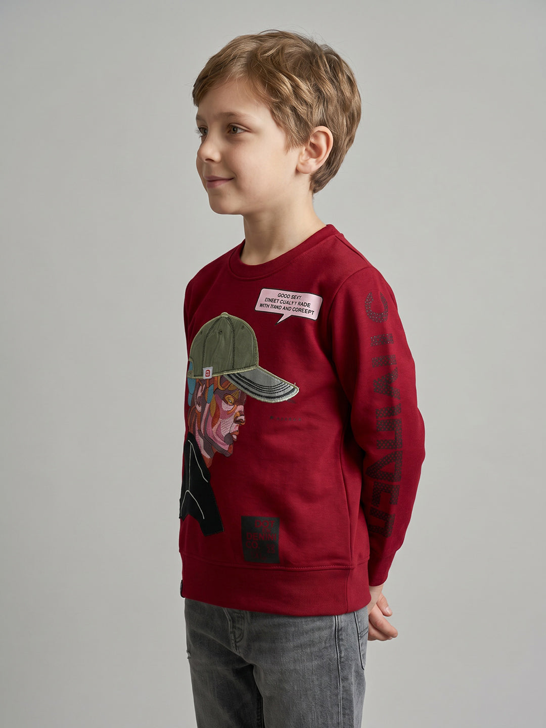 Boys Maroon Graphic Print Round Neck Full Sleeve Sweatshirt