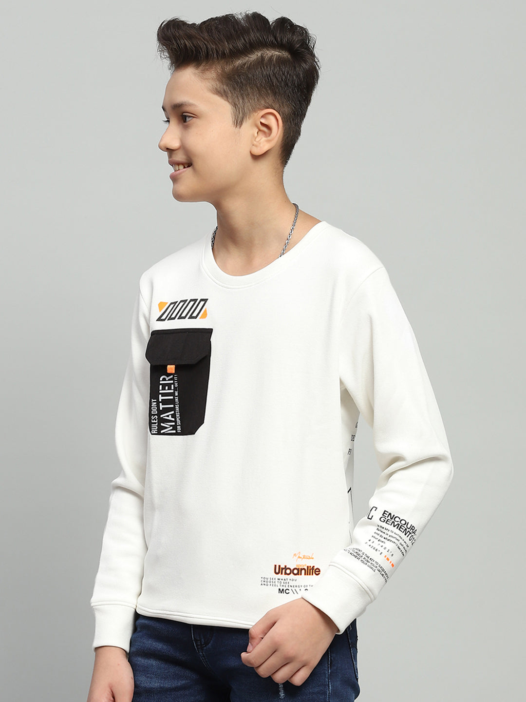 Boys White Printed Round Neck Full Sleeve Sweatshirt