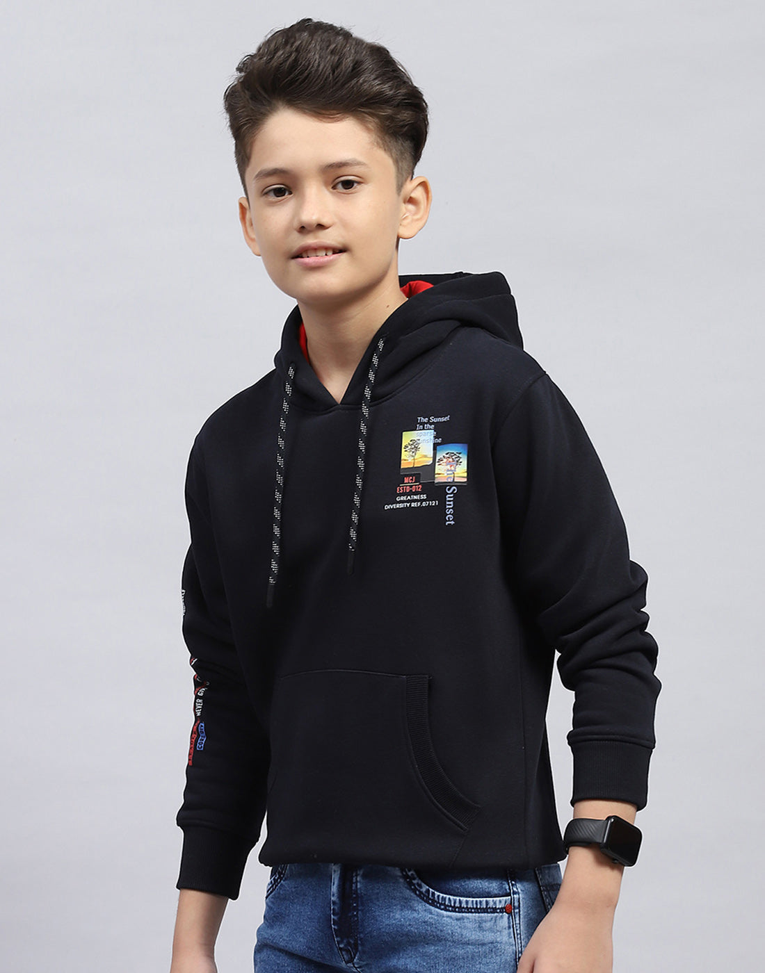Boys Navy Blue Printed Hooded Full Sleeve Sweatshirt
