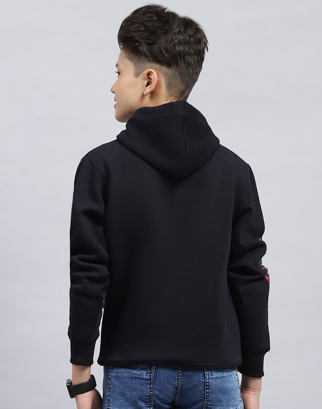 Boys Navy Blue Printed Hooded Full Sleeve Sweatshirt
