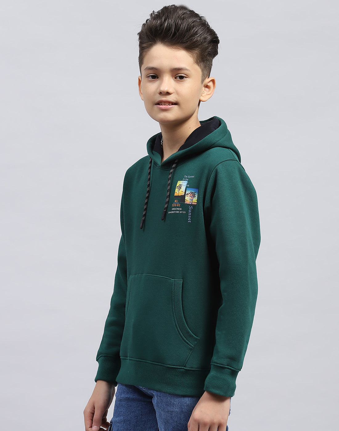 Boys Green Printed Hooded Full Sleeve Sweatshirt