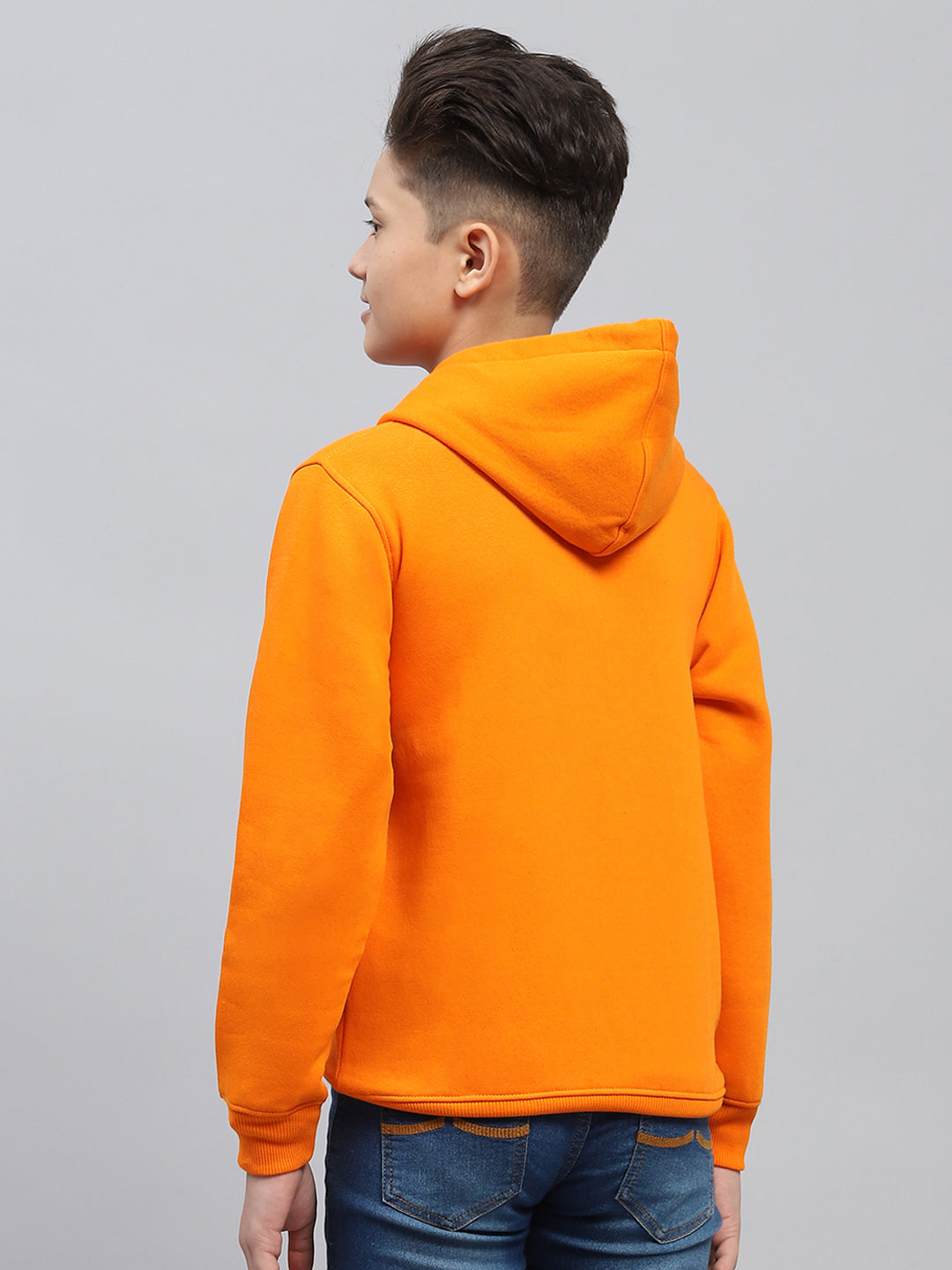 Boys Orange Printed Hooded Full Sleeve Sweatshirt