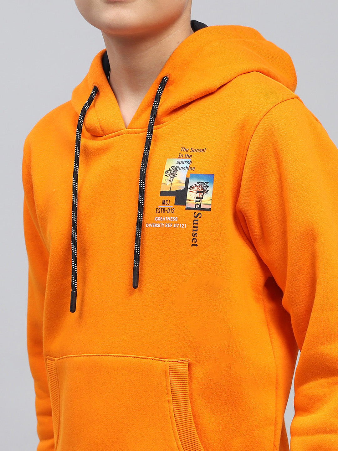 Boys Orange Printed Hooded Full Sleeve Sweatshirt