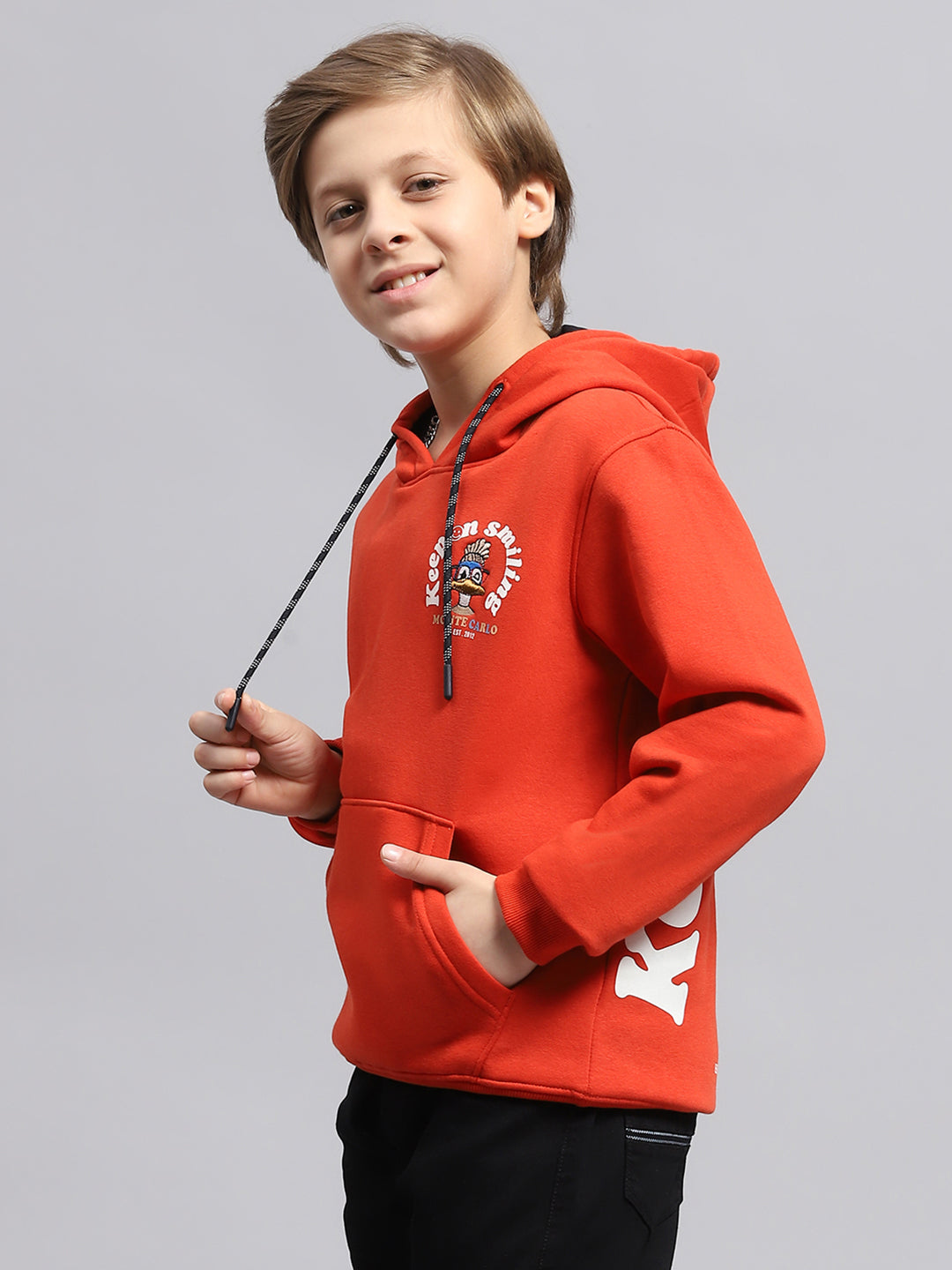 Boys Orange Printed Hooded Full Sleeve Sweatshirt