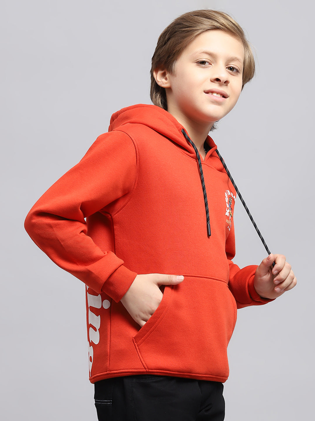 Boys Orange Printed Hooded Full Sleeve Sweatshirt