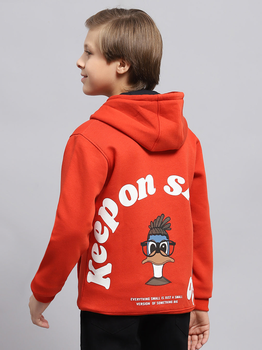 Boys Orange Printed Hooded Full Sleeve Sweatshirt