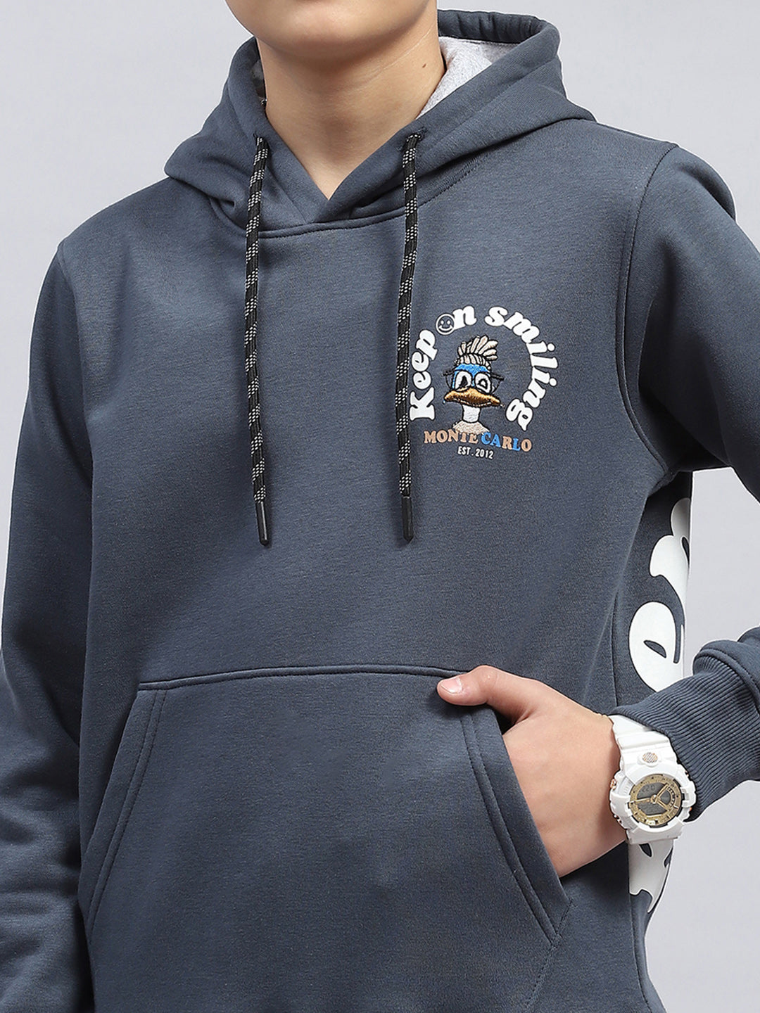 Boys Grey Printed Hooded Full Sleeve Sweatshirt