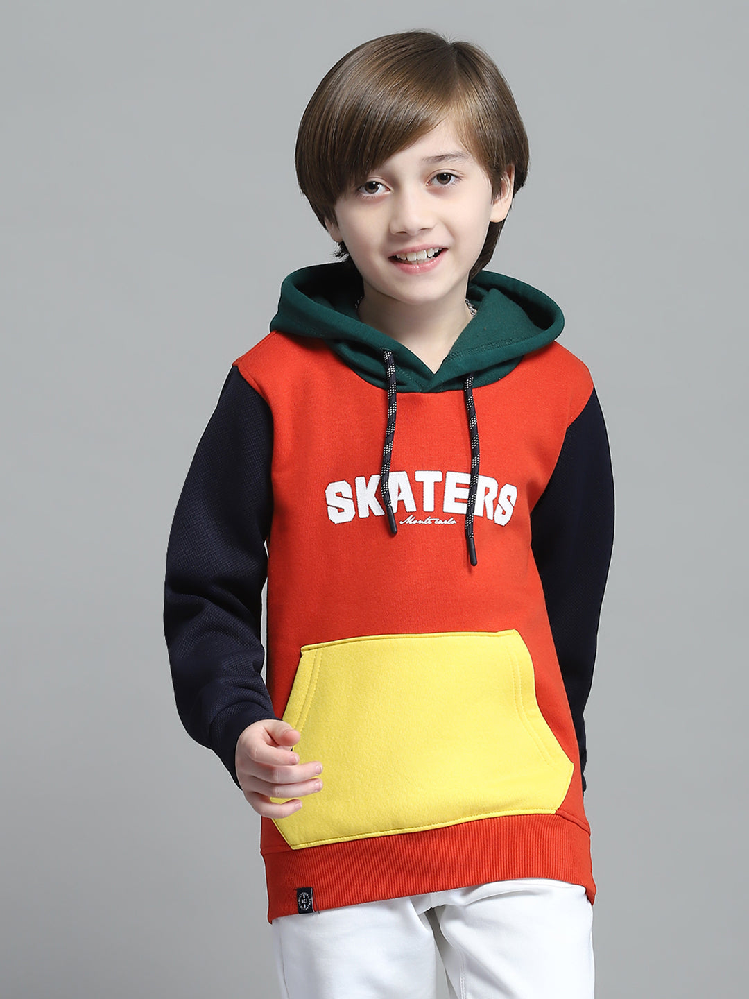Boys Orange Printed Hooded Full Sleeve Sweatshirt