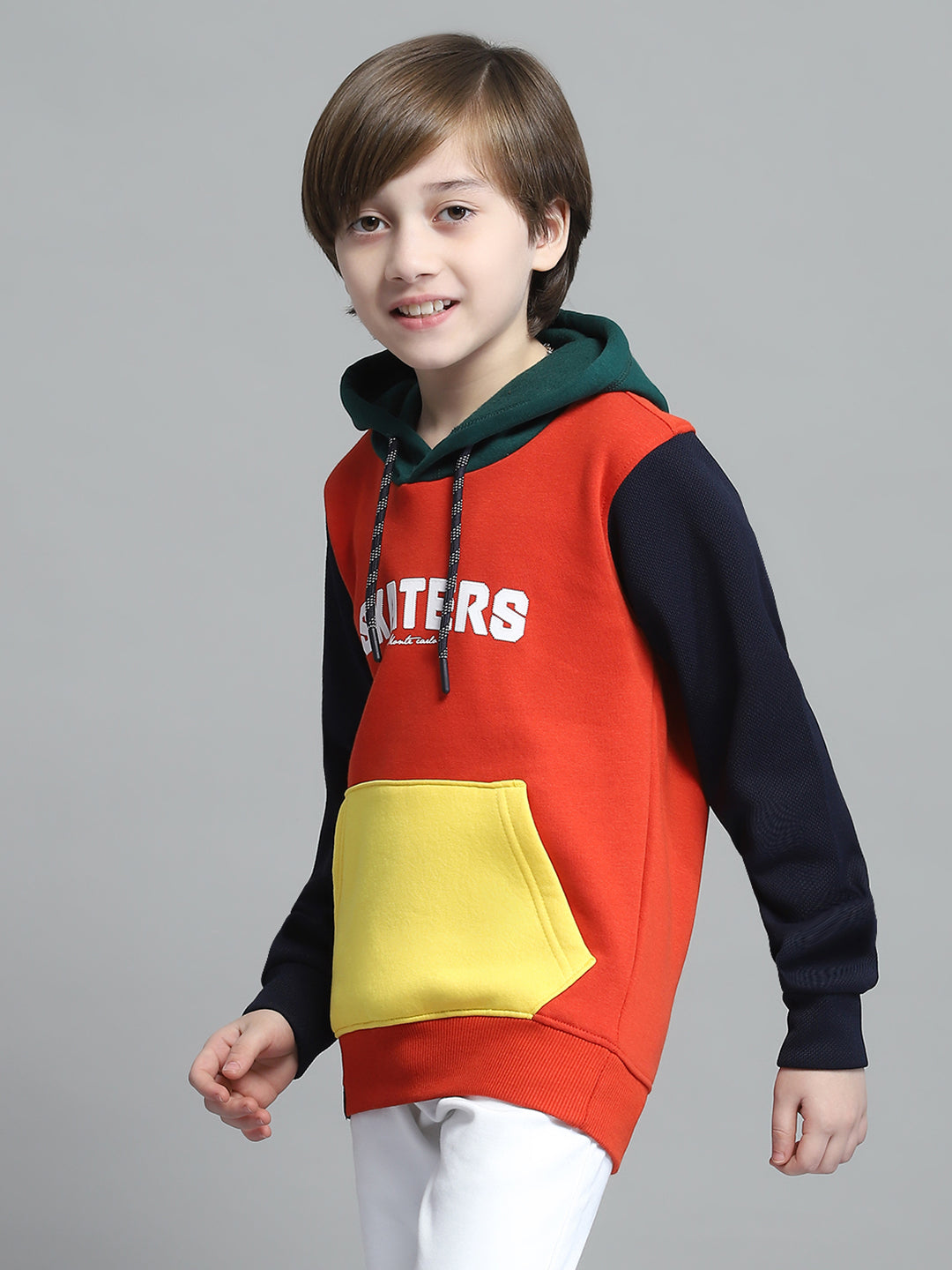Boys Orange Printed Hooded Full Sleeve Sweatshirt