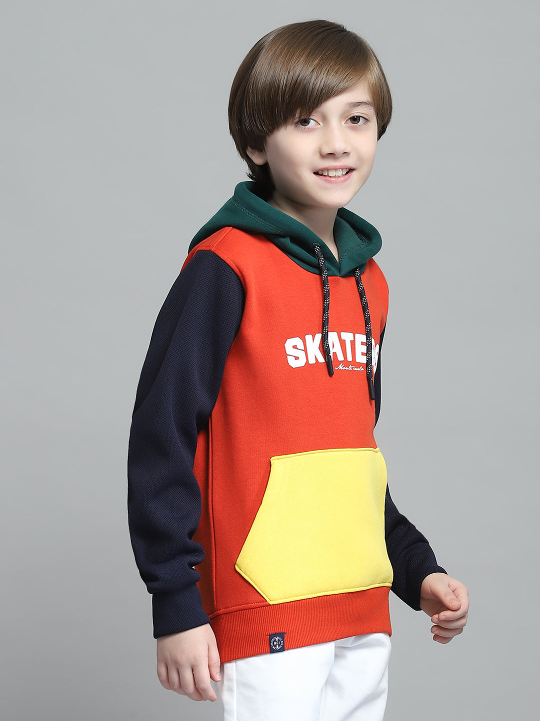 Boys Orange Printed Hooded Full Sleeve Sweatshirt