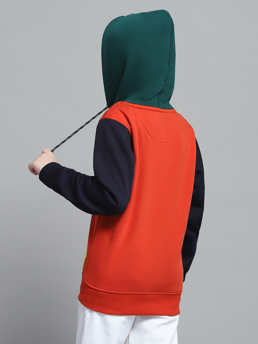 Boys Orange Printed Hooded Full Sleeve Sweatshirt
