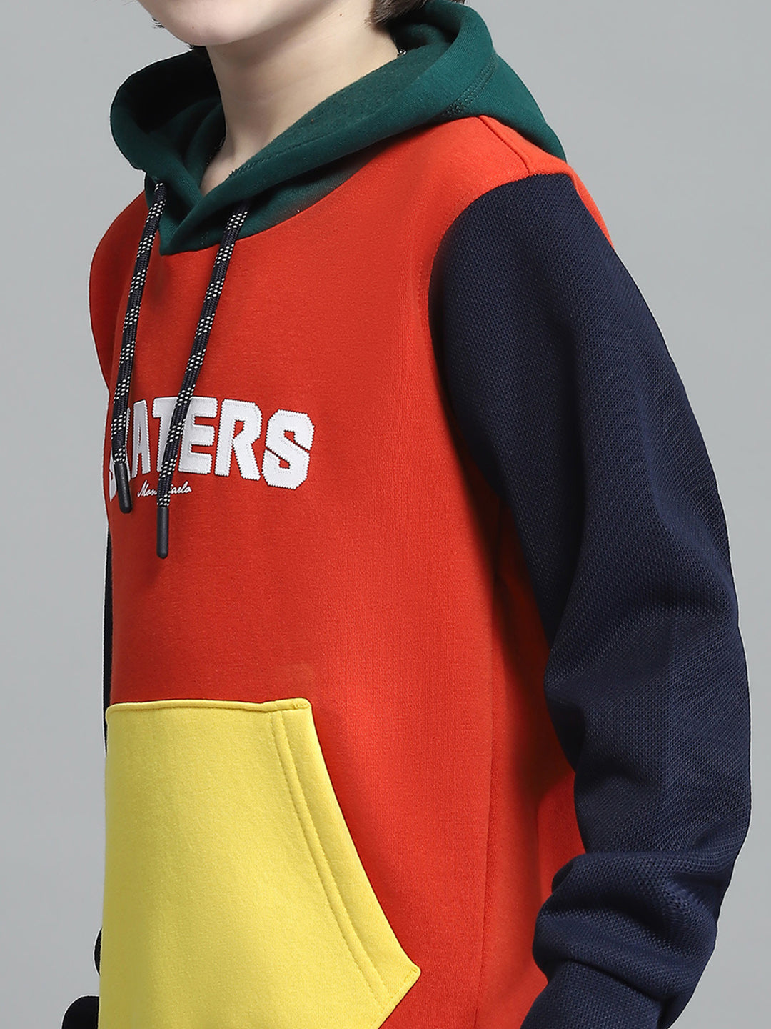 Boys Orange Printed Hooded Full Sleeve Sweatshirt