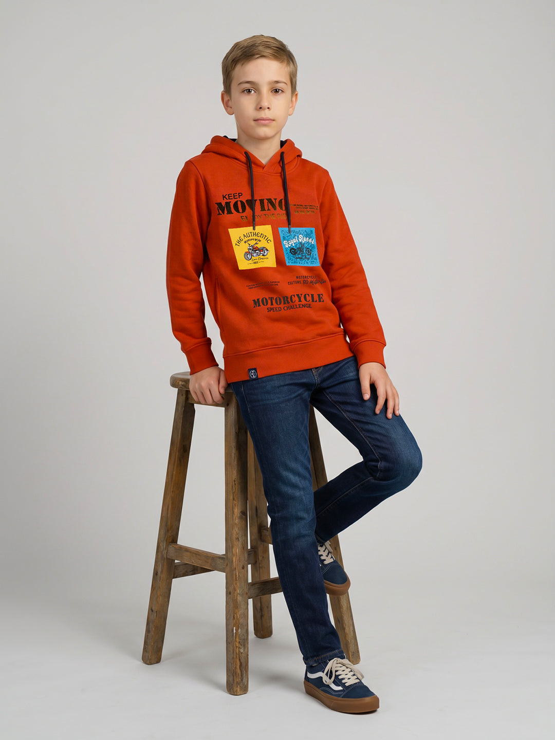 Boys Orange Printed Hooded Full Sleeve Sweatshirt