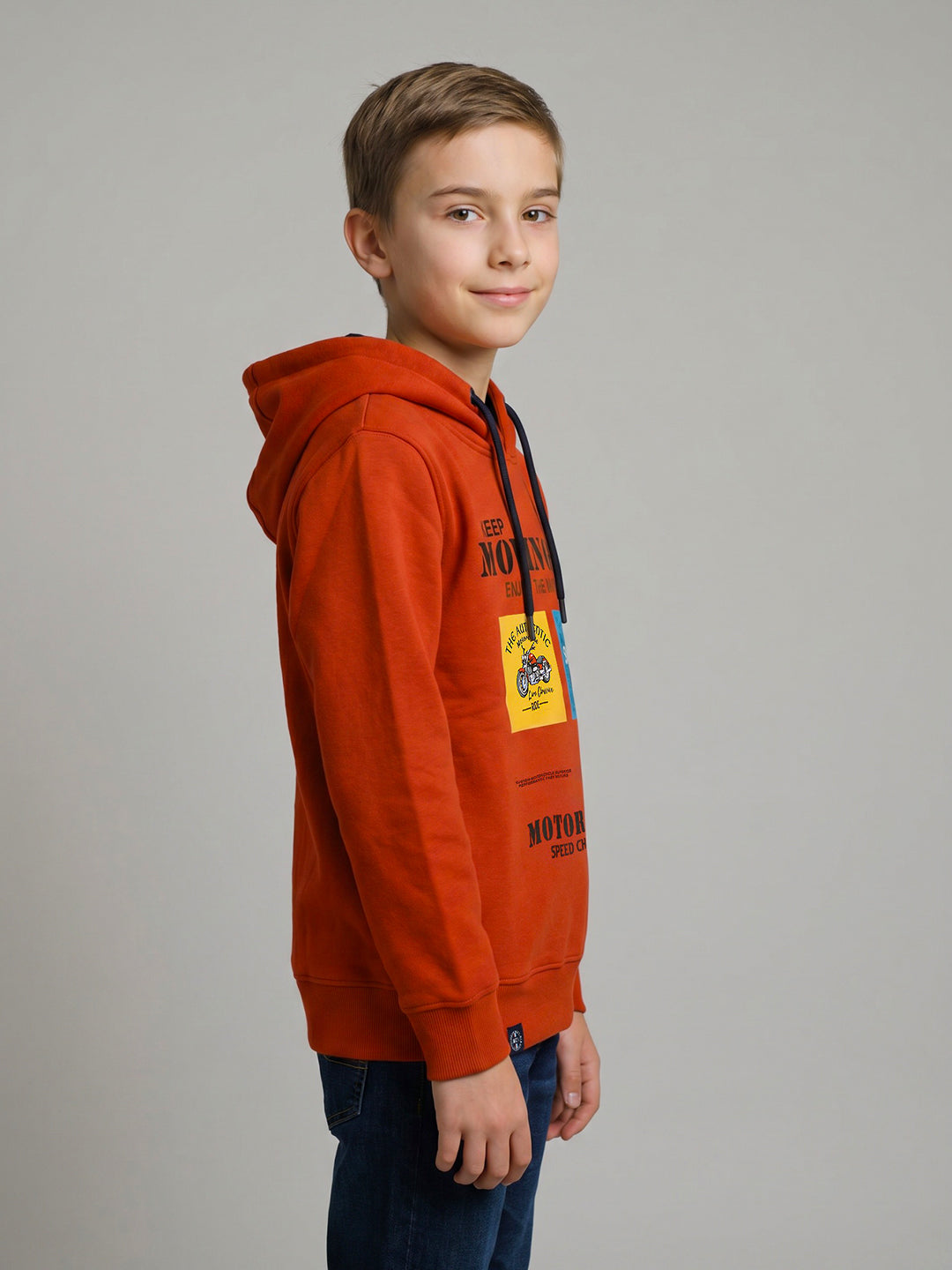 Boys Orange Printed Hooded Full Sleeve Sweatshirt