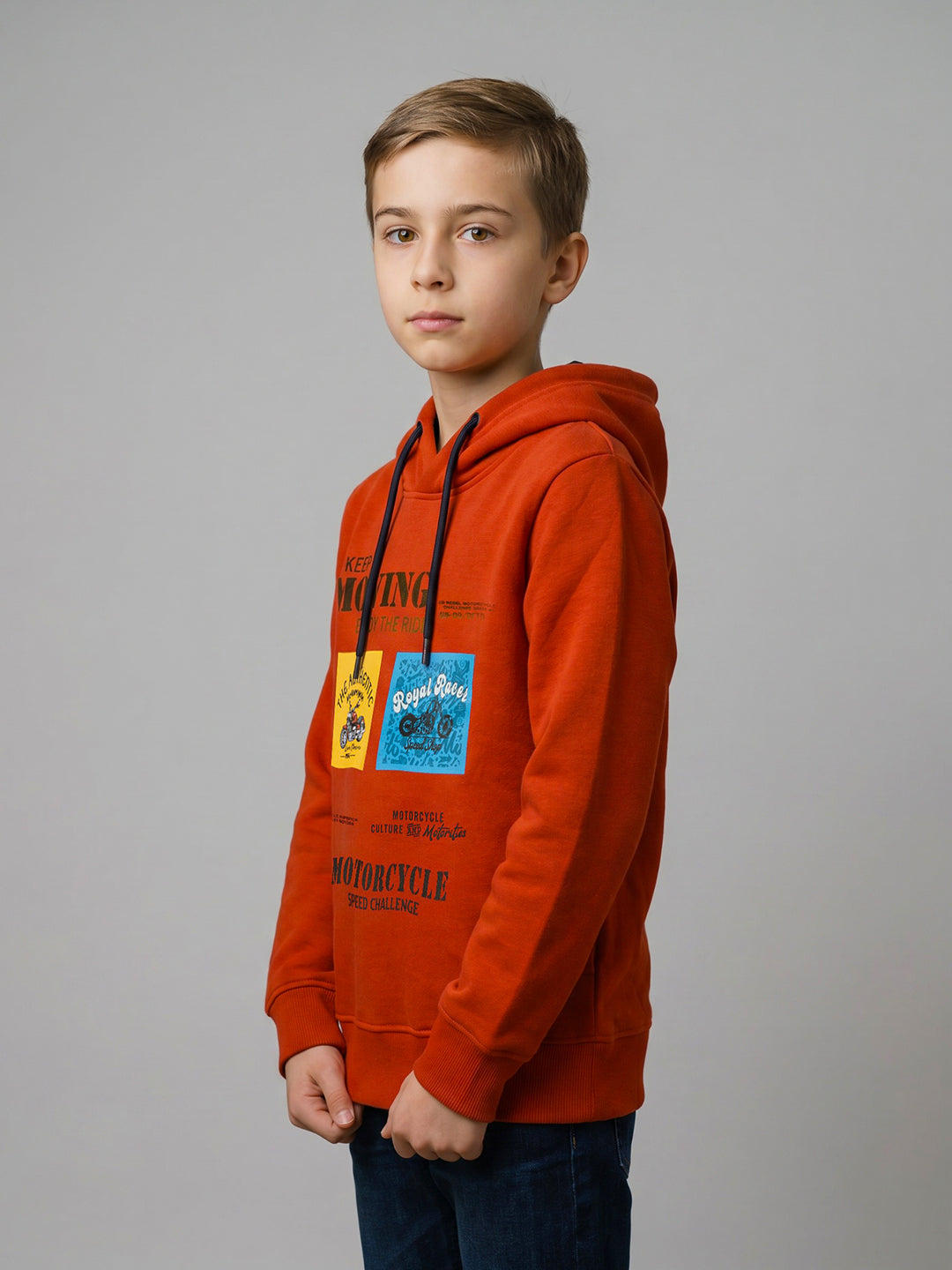 Boys Orange Printed Hooded Full Sleeve Sweatshirt