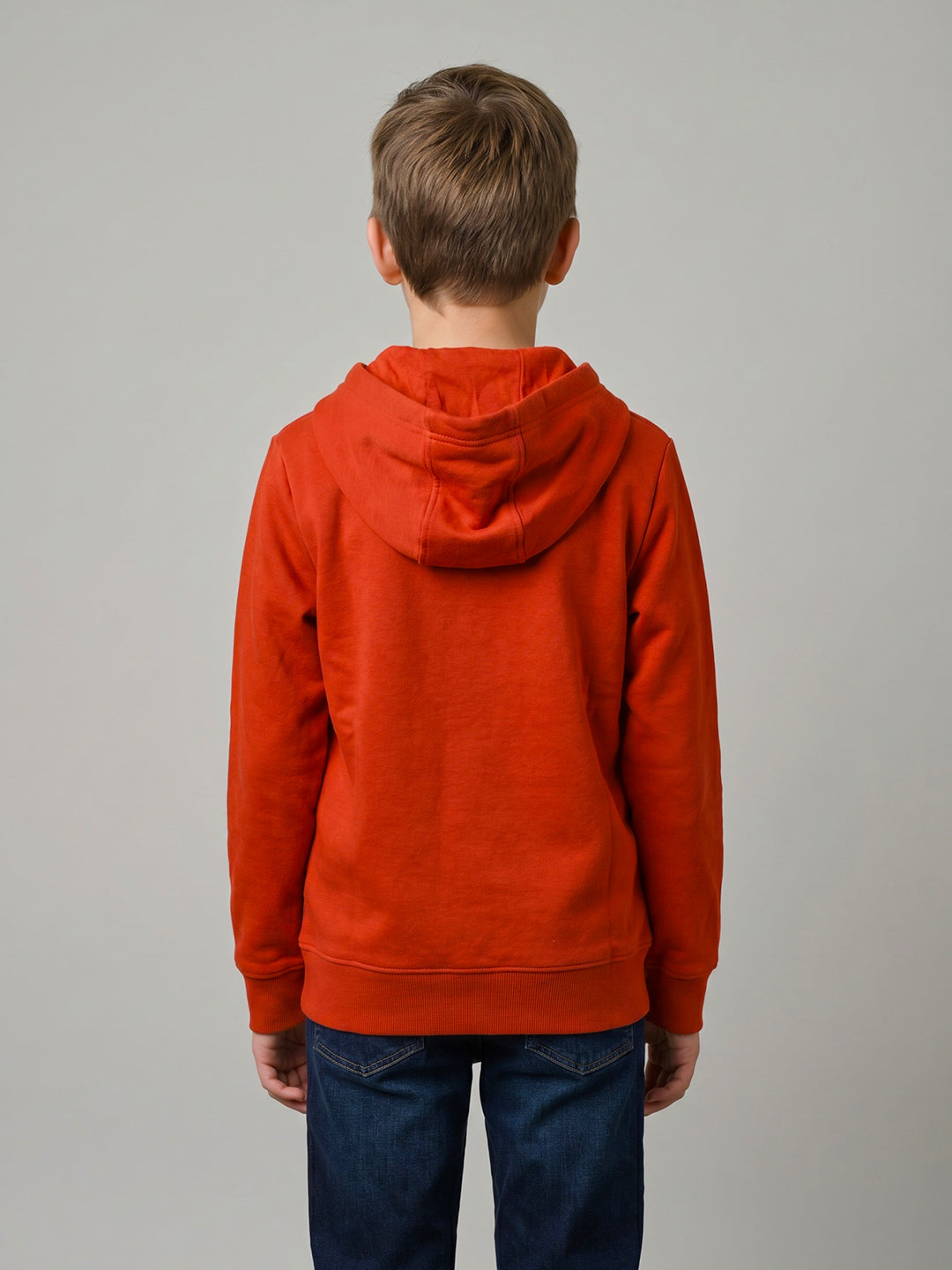 Boys Orange Printed Hooded Full Sleeve Sweatshirt