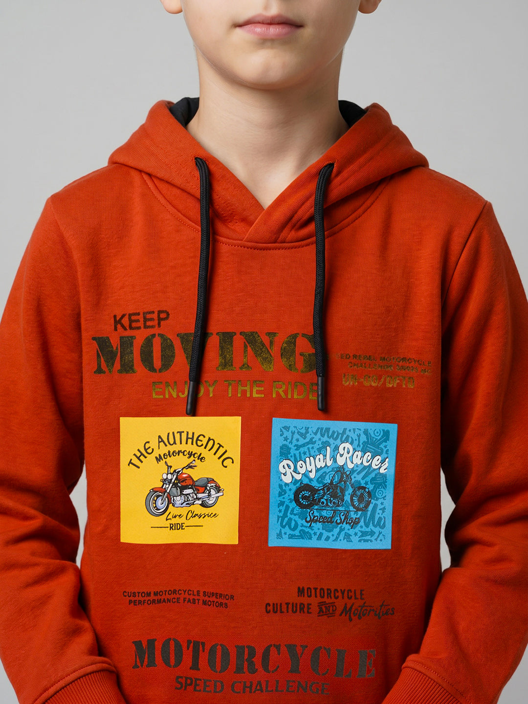 Boys Orange Printed Hooded Full Sleeve Sweatshirt