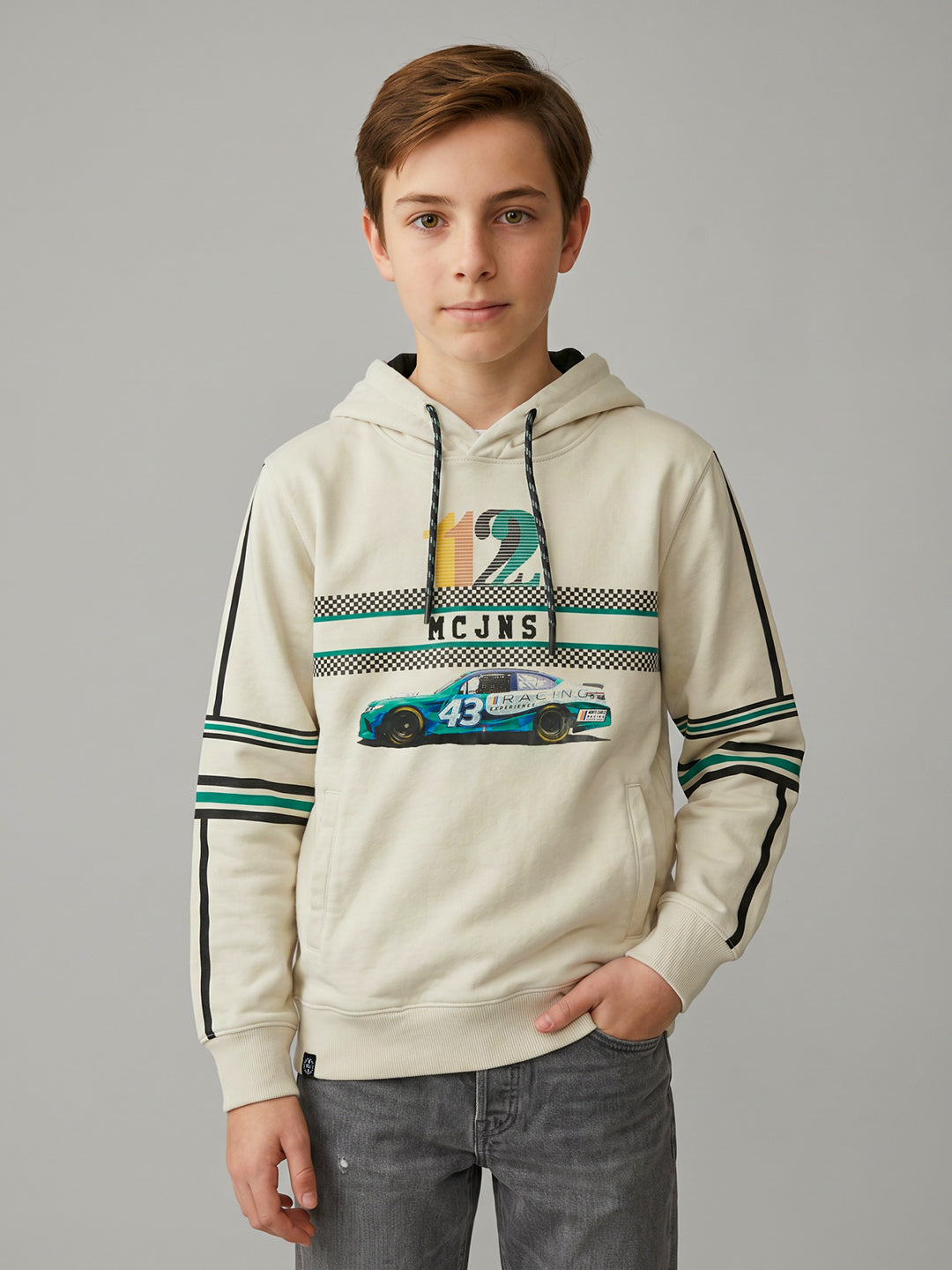 Boys Cream Printed Hooded Full Sleeve Sweatshirt