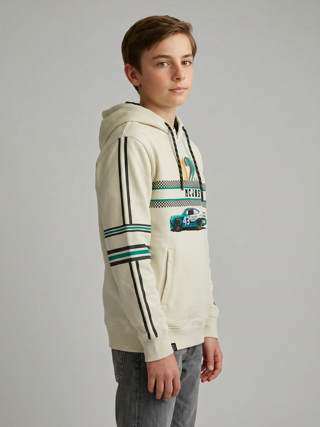Boys Cream Printed Hooded Full Sleeve Sweatshirt