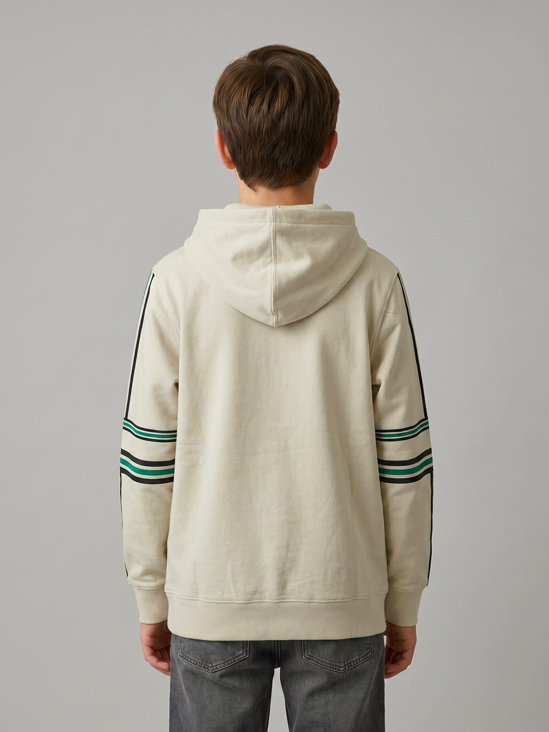 Boys Cream Printed Hooded Full Sleeve Sweatshirt