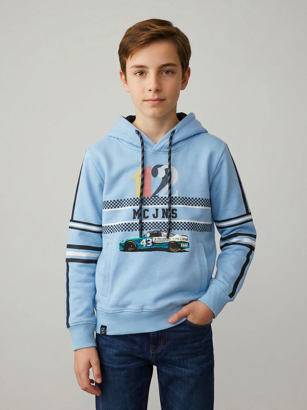 Boys Blue Printed Hooded Full Sleeve Sweatshirt