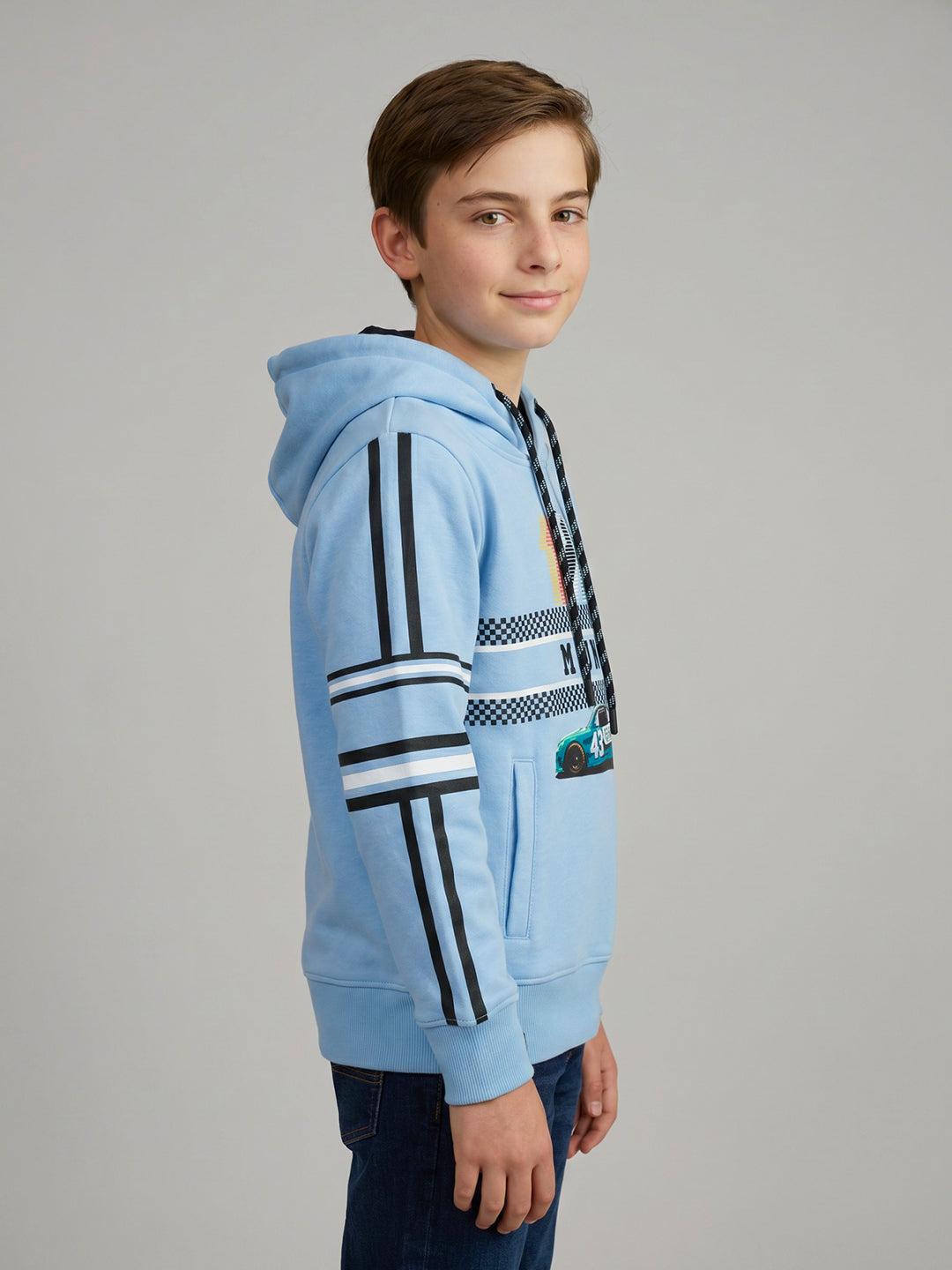 Boys Blue Printed Hooded Full Sleeve Sweatshirt