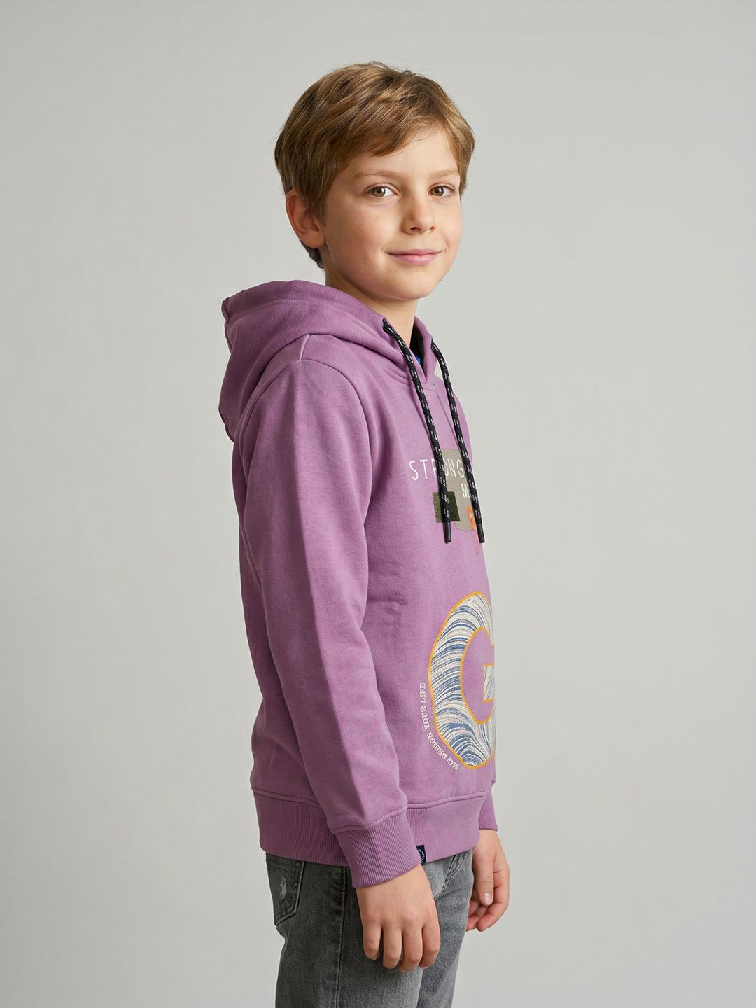 Boys Mauve Printed Hooded Full Sleeve Sweatshirt