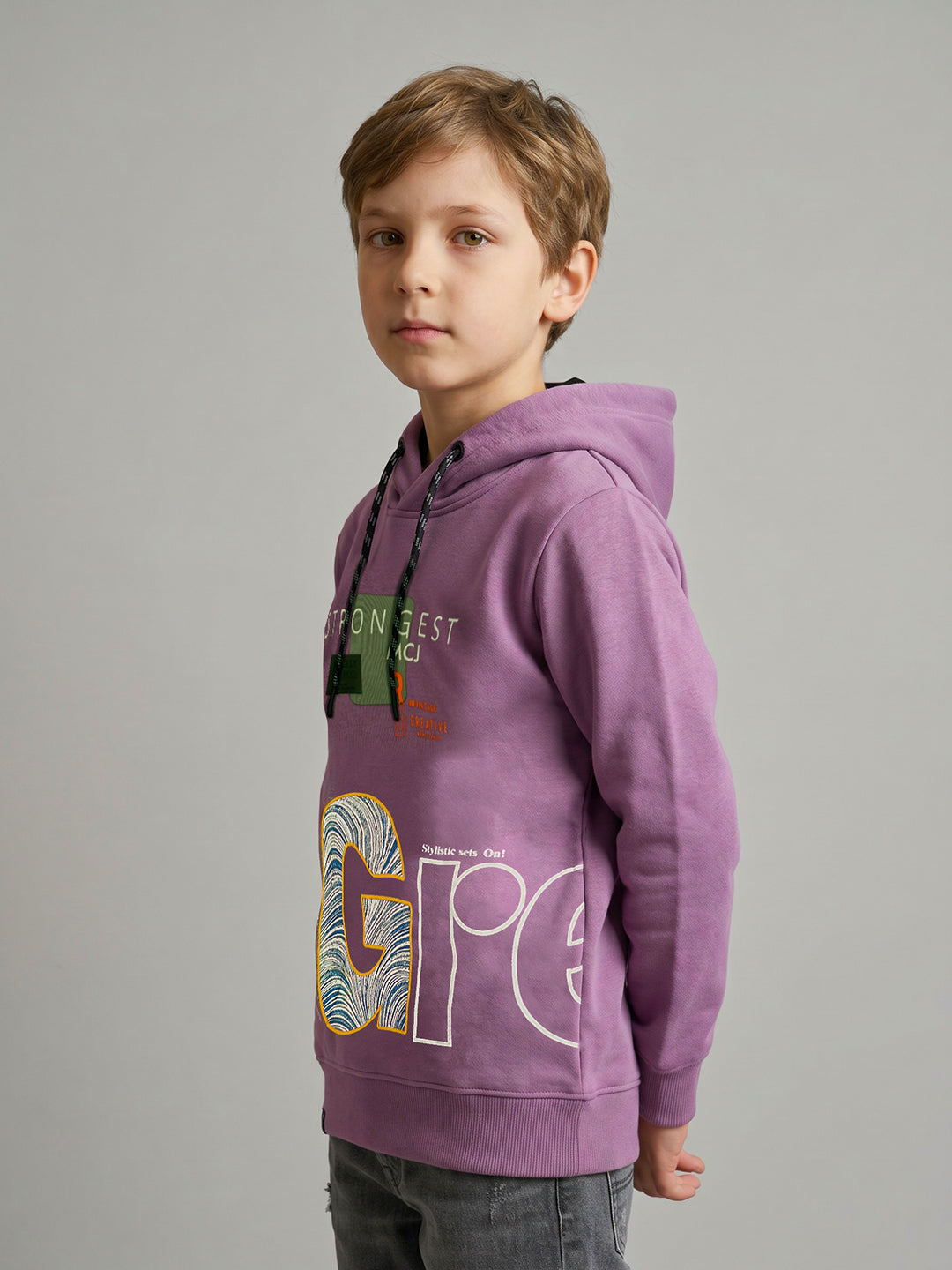 Boys Mauve Printed Hooded Full Sleeve Sweatshirt