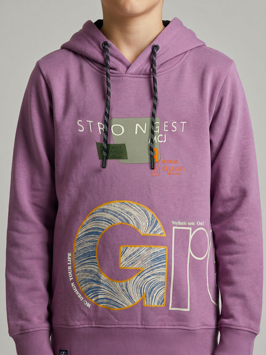Boys Mauve Printed Hooded Full Sleeve Sweatshirt