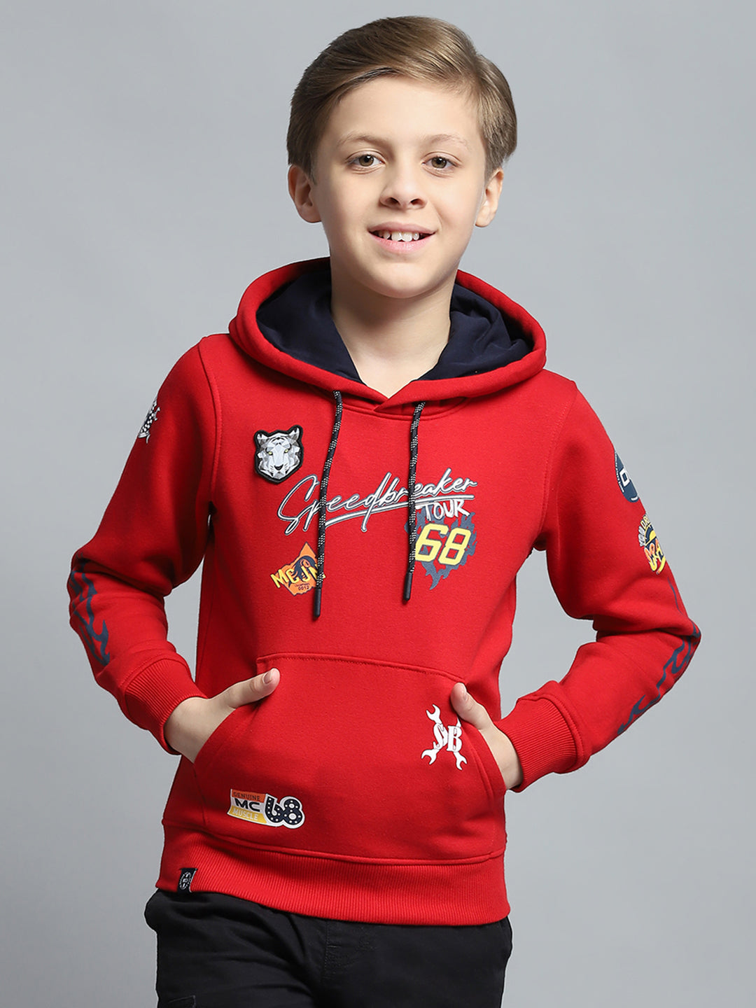 Boys Red Printed Hooded Full Sleeve Sweatshirt