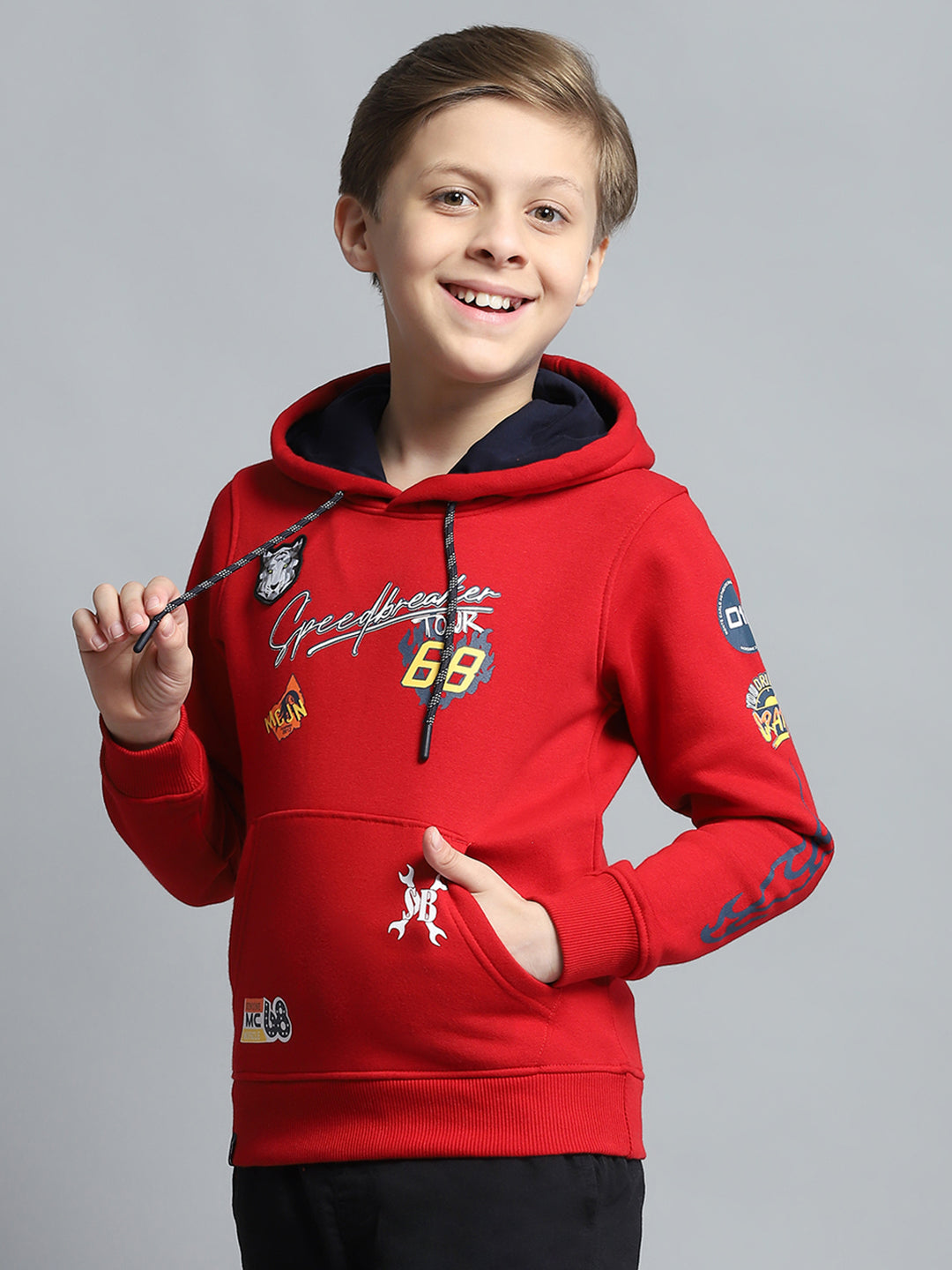 Boys Red Printed Hooded Full Sleeve Sweatshirt