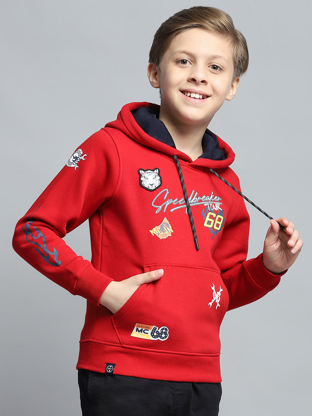Boys Red Printed Hooded Full Sleeve Sweatshirt