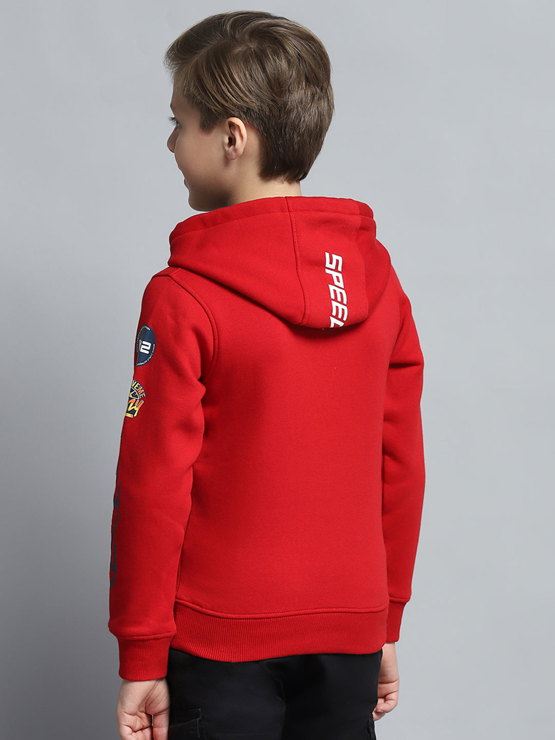 Boys Red Printed Hooded Full Sleeve Sweatshirt