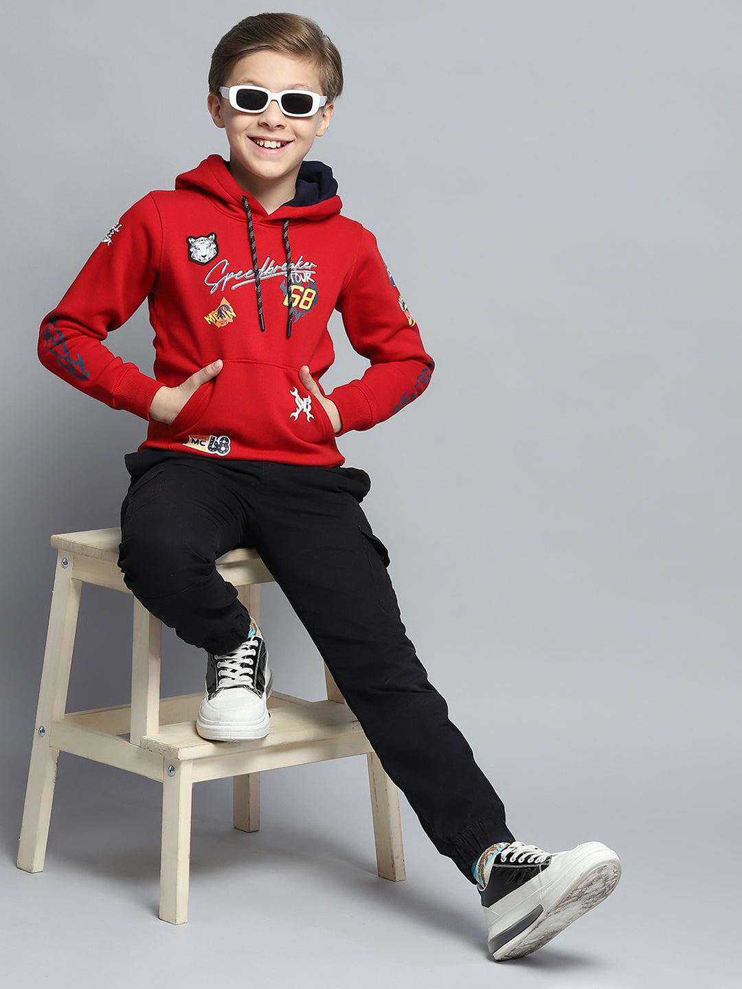Boys Red Printed Hooded Full Sleeve Sweatshirt