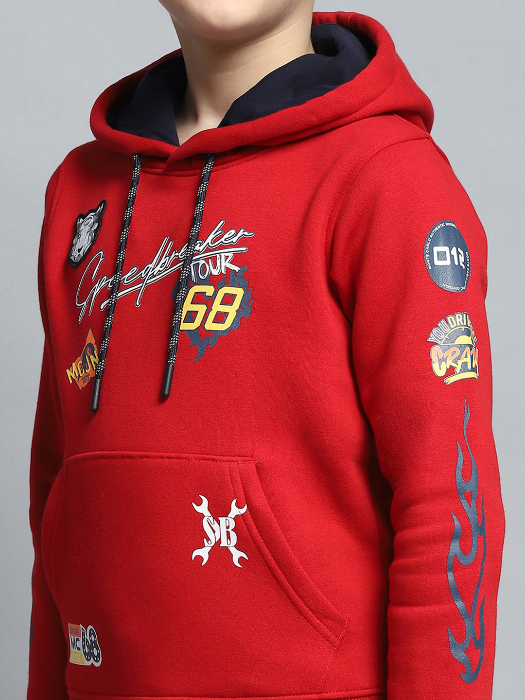 Boys Red Printed Hooded Full Sleeve Sweatshirt