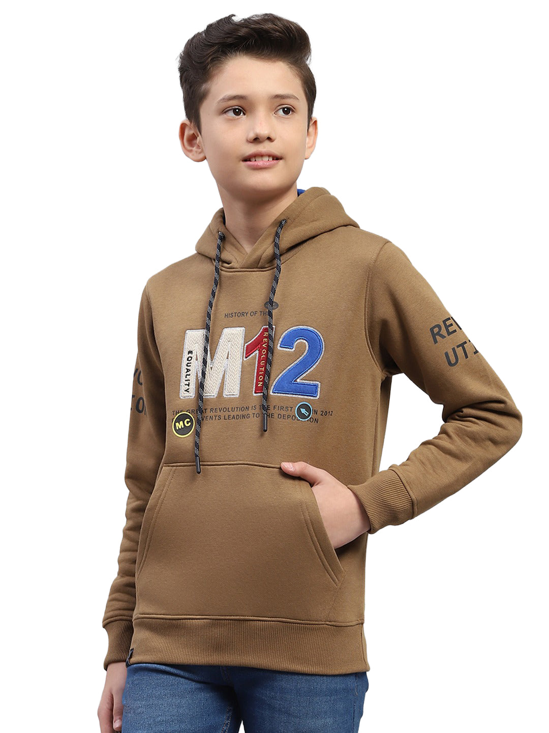 Boys Brown Printed Hooded Full Sleeve Sweatshirt