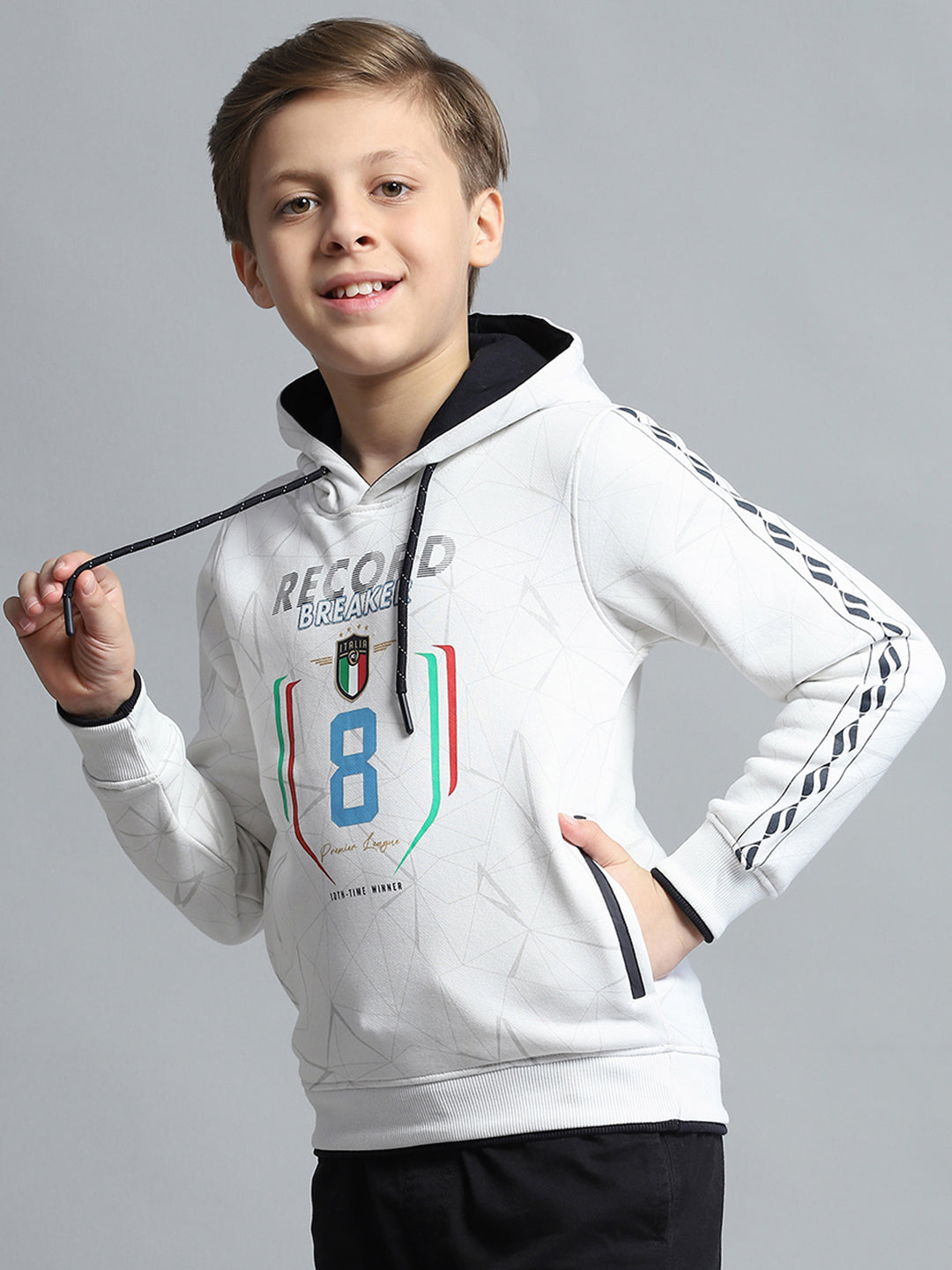 Boys White Printed Hooded Full Sleeve Sweatshirt
