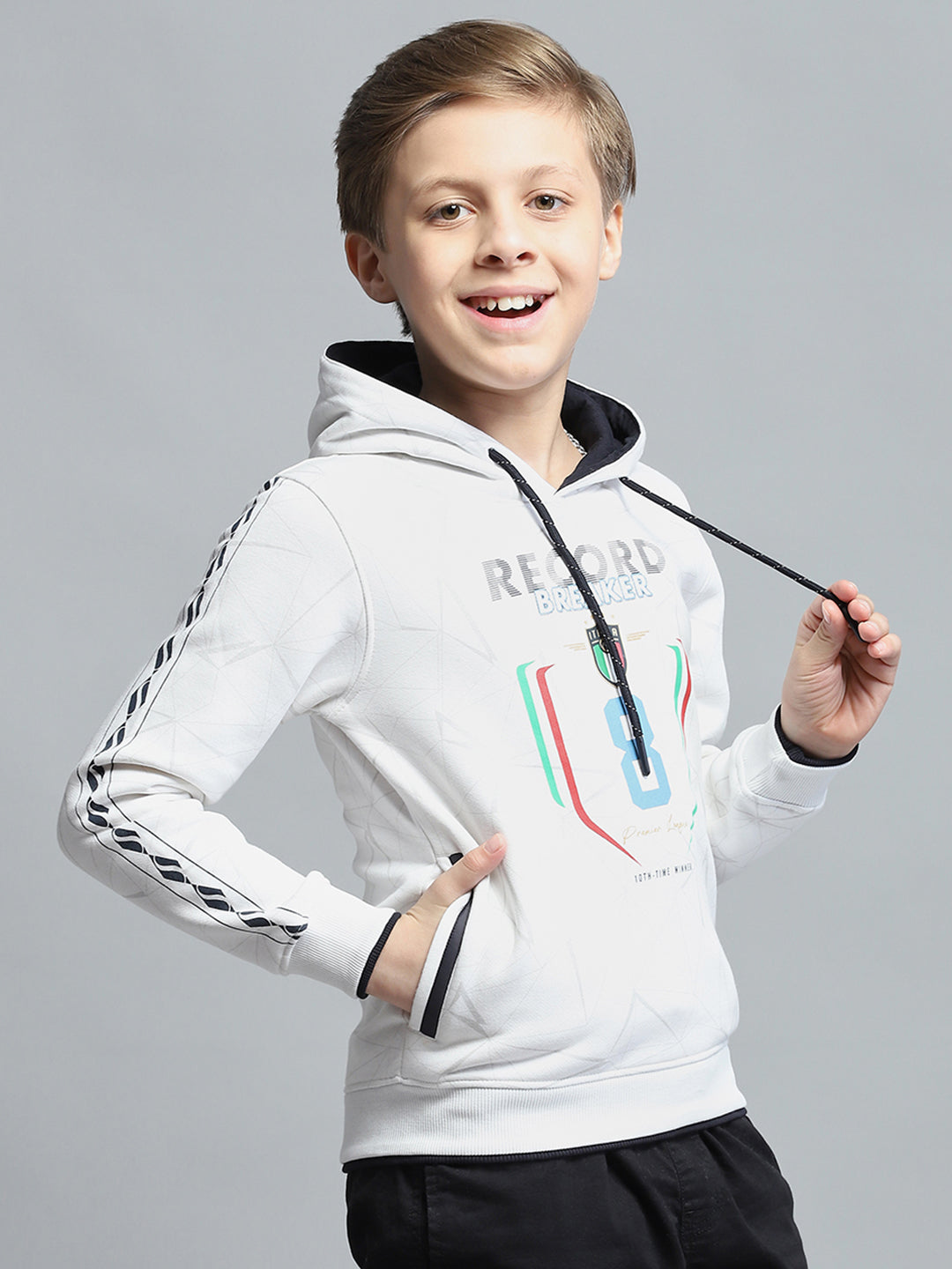 Boys White Printed Hooded Full Sleeve Sweatshirt