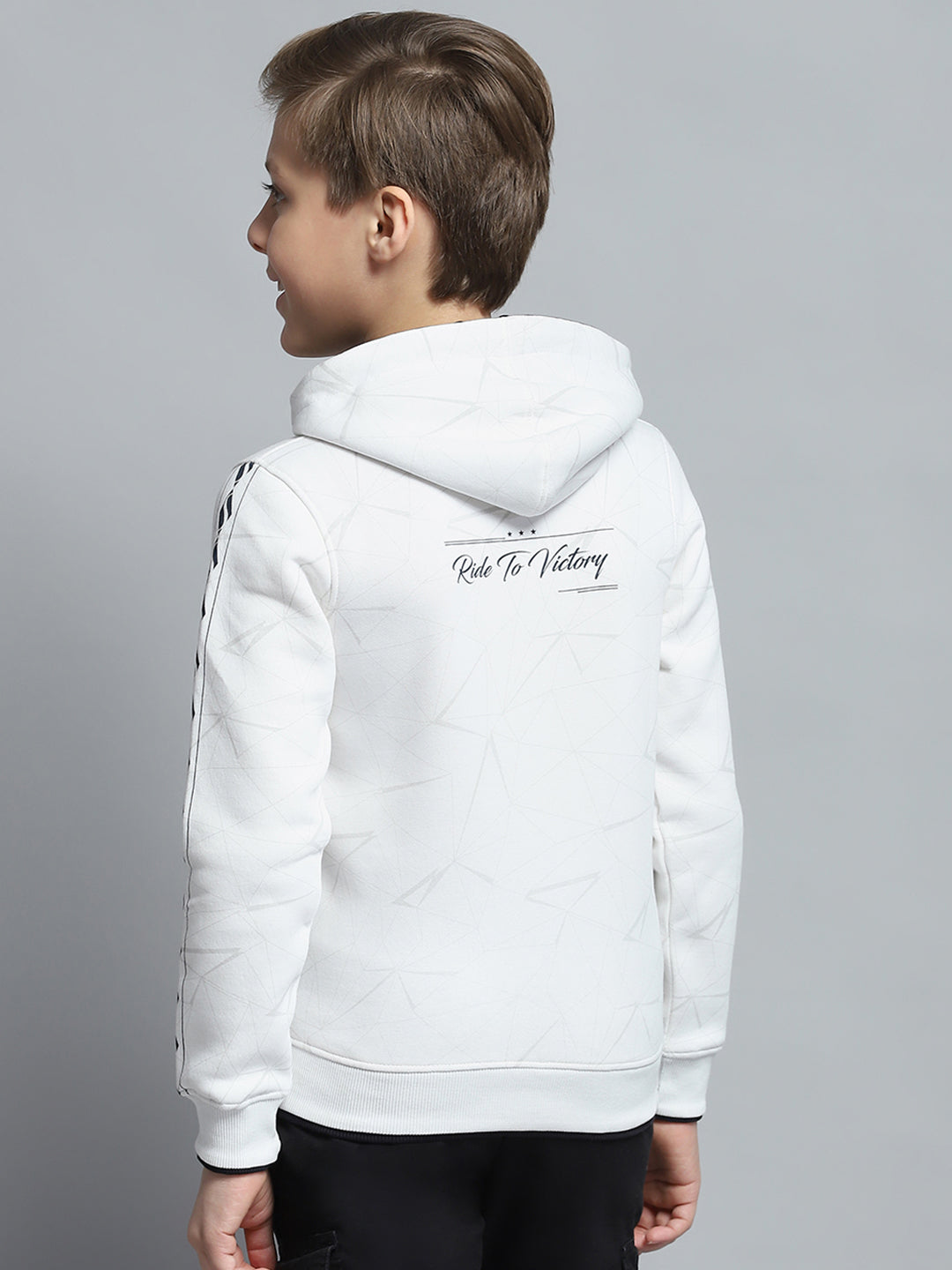 Boys White Printed Hooded Full Sleeve Sweatshirt