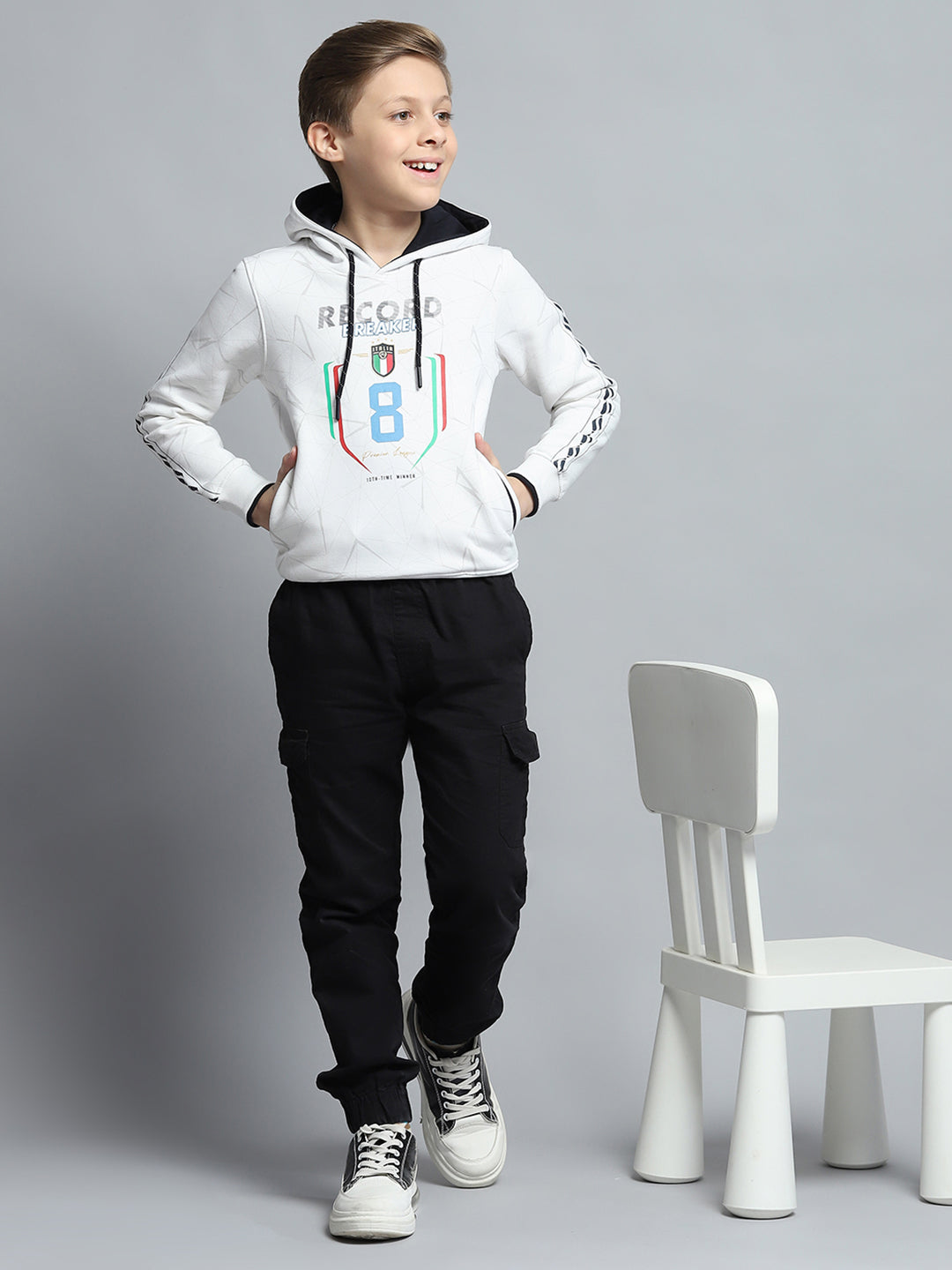 Boys White Printed Hooded Full Sleeve Sweatshirt