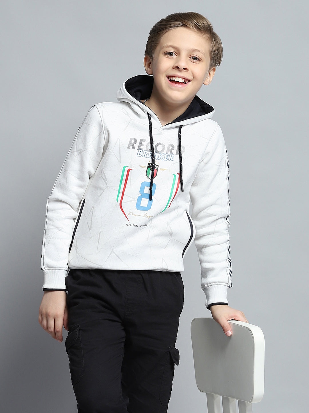 Boys White Printed Hooded Full Sleeve Sweatshirt