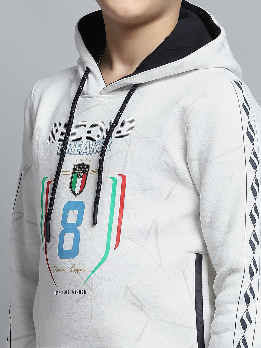 Boys White Printed Hooded Full Sleeve Sweatshirt