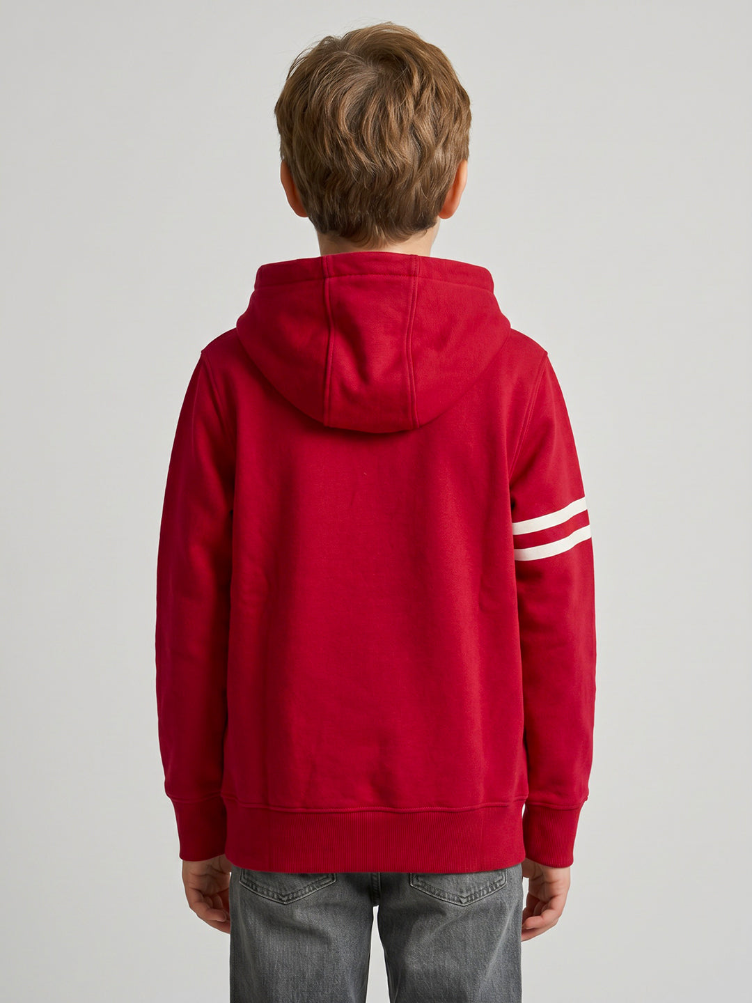 Boys Red Printed Hooded Full Sleeve Sweatshirt