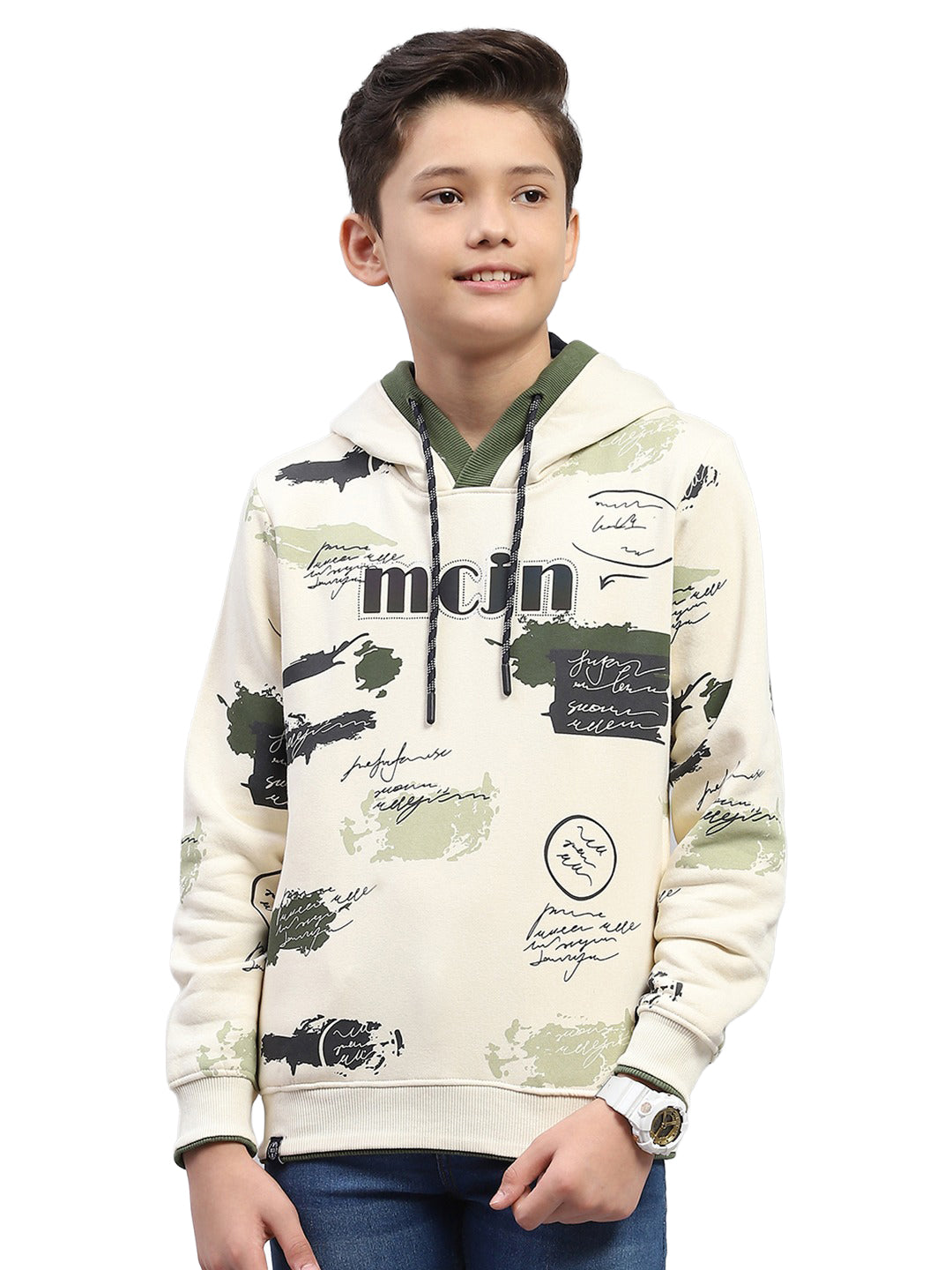 Boys Off White Printed Hooded Full Sleeve Sweatshirt